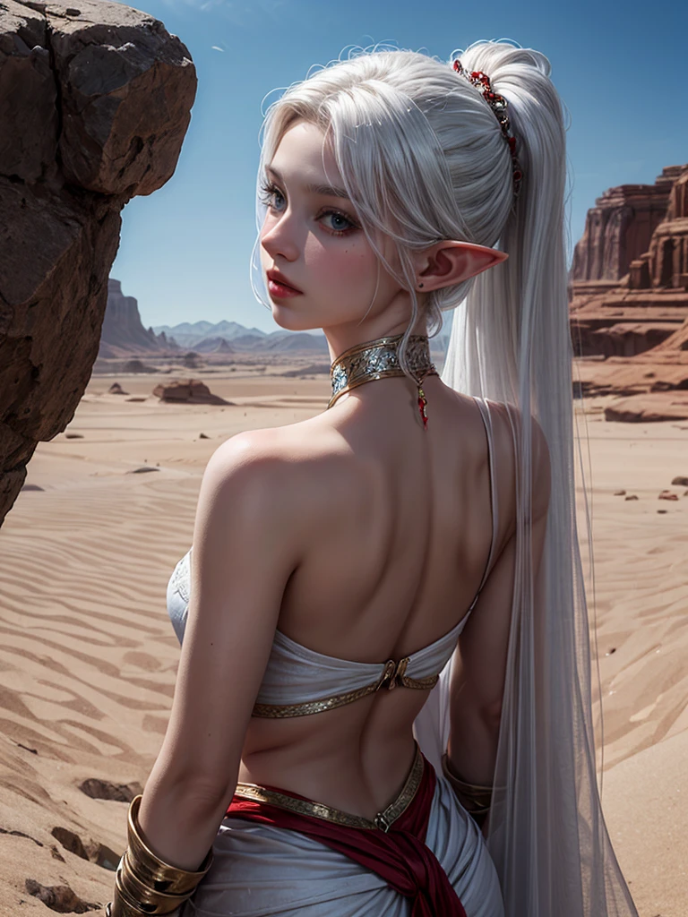 Ariel, Upper body portrait, elf, White hair, Beautiful, cute arabic clothes, warrior, Diaphragm, correspond, White hair, cowboy shot, rear view looking back, desert background, realistic fantasy ,concept art