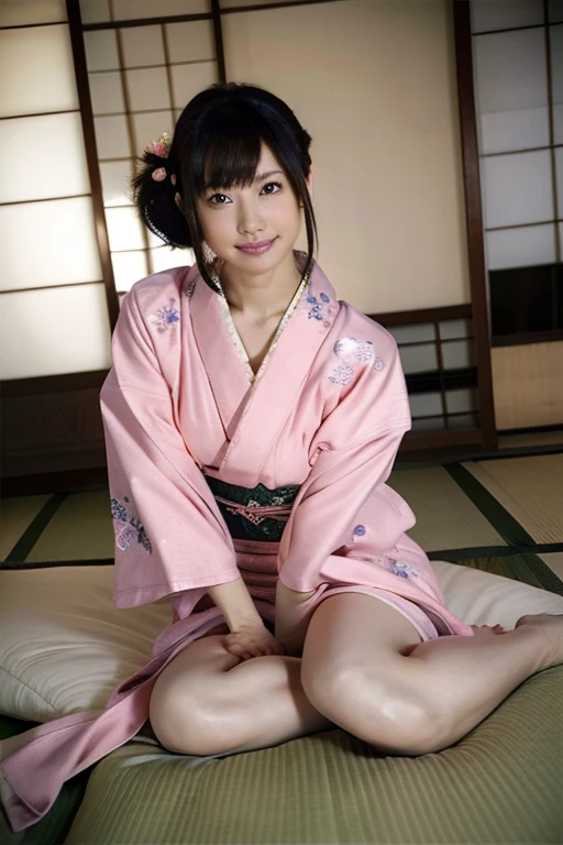 ((Best Quality)), ((masterpiece)), (detailed),Perfect Anatomy 1.5,Natural Light,Steam 1.3,Sweat all over the body,(((Full-body shot of a childlike woman on a tatami mat in a ryokan,Blushing and so cute))),Woman with long, supple black hair,Shiny hair,((Best Quality, 8k, masterpiece: 1.3, )),A well-balanced body is slim,Large Breasts,,Slim waist body line,length, Thin legs，length, Thin hands， detailedな顔, detailedな肌, fine grain, detailedな唇, detailedな舌, detailedな指, Mouth detailed, Beautiful teeth alignment,Realistic,  High resolution, Natural Light, Toned Legs, Double eyelids, Tear bags, Round eyes,Stick your tongue out,Wearing a pink yukata,A woman in a pink yukata is sitting upright..5,detailedな浴衣,Skin exposure is modest1.8,Wearing white panties,No bra is worn,