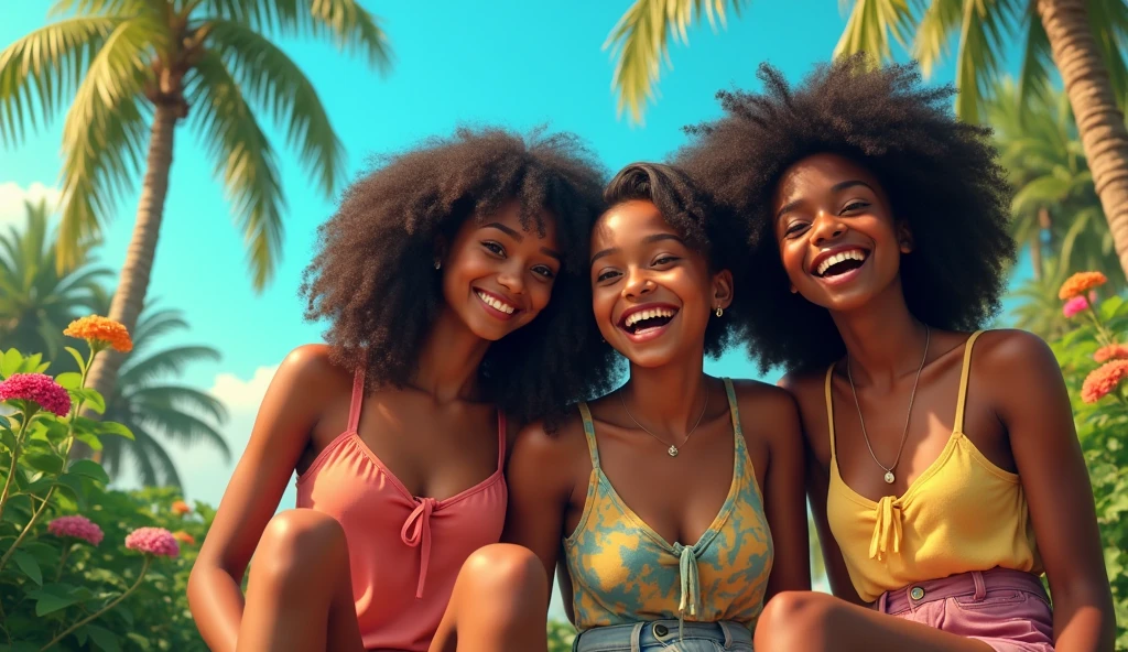 3 femme peau noire natsy,a la plage le regard vers nous