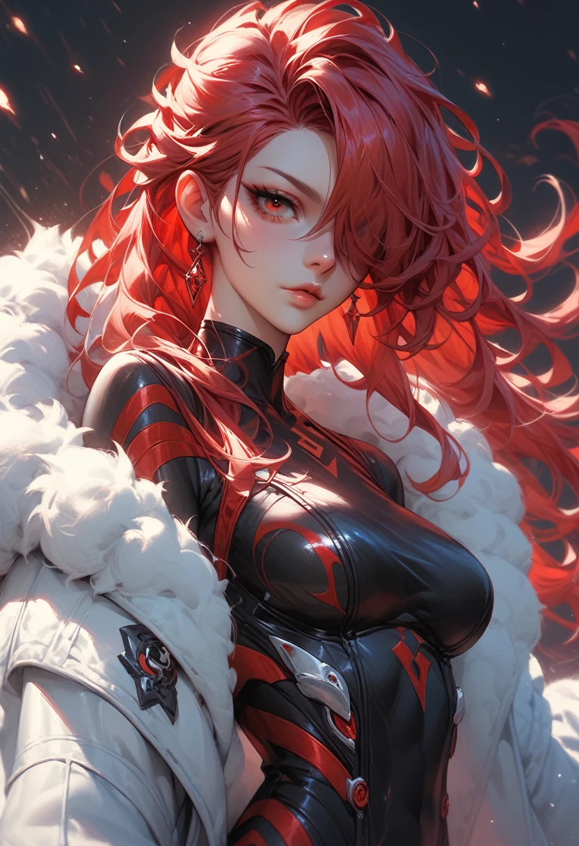 score_9, score_8_up, score_7_up, score_6_up, score_5_up, mitsuru, 1girl, solo, red hair, long hair, hair over one eye, red eyes, bodysuit, fur coat
