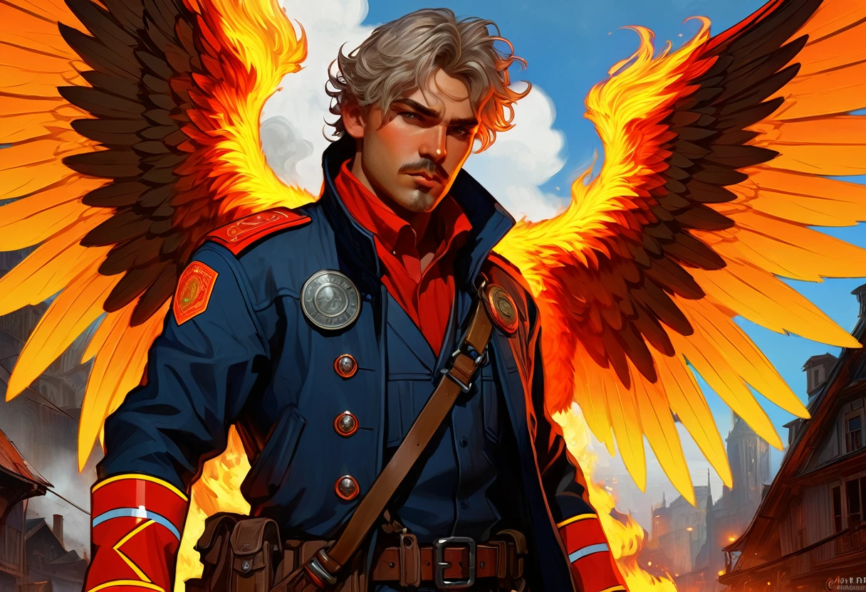 A portrait of a handsome person, post-apocalyptic winged firemancers, complicated, Elegant, very detailed, digital painting, artstation, Conceptual art, smooth, sharp focus, Illustration, Art by Krenz Cushart and Artem Demura and Alphonse Mucha, ((Fire in the hands))