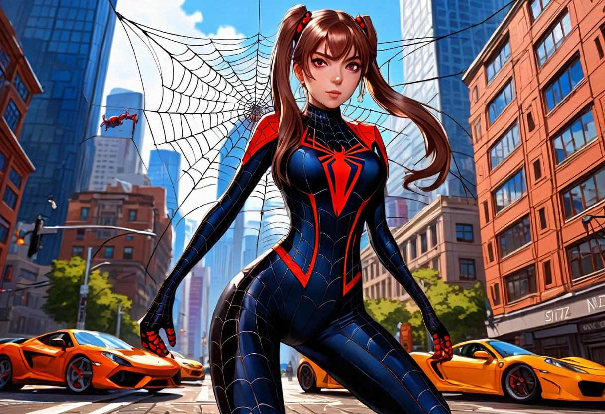 (Masterpiece, best quality), complicated details, 8k, artstation, Mat, official art, Splash Art, sharp focus,, 1 girl, Long hair, Twin tails, Red eyes, Brown hair, ,  spider suit, Spider web print, spider web,  , skyscraper, Stadt, Building, cars, Street,