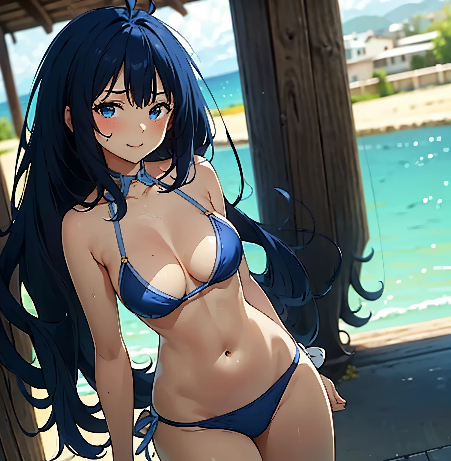 ((1girl)),((alone)), Anna Yanami, \( makeine\),(masterpiece), (best quality), (ultra detailed), (best illustration), (best shadow), (absurdities), sharp focus, cowboy shot, atmospheric perspective, depth of field, dynamic posture, ((looking at viewer)), large breasts, narrow waist, wide hips, medium thighs, round butt, erotic, romantic, (highly detailed eyes, lips 1.1), very detailed eyes, eyes, Very detailed face, Very beautiful face, Symmetrical face, Aesthetic face, perfect face, perfect eyes, detailed eyelashes: 1.5), full height, beautiful slim figure, femininity, expressive appearance, elastic big breasts , sexuality, half-open lips, white and light skin, blue hair, medium hair:1.3, ahoge, blue eyes, light smile, swimsuit, clavicle, neckline: 1.2, navel, blue bikini: 1.2, floral print bikini: 1.3, panties bikini with side ties: 1.2, wet body: 1.1, wet hair: 1.1, arms extended, curves, defined body, perfect and beautiful body, perfect and beautiful, happy look, closed mouth, ((happy expression)), blushing, ( sexy pose: 1.2), ((only)), standing: 1.3,((outside, beach, sea, sunny, sand, sunny, clear sky, clouds)), Looking forward, ((focus on hips:1.4 )), point of view: (from below), perfect anatomy, perfect hands