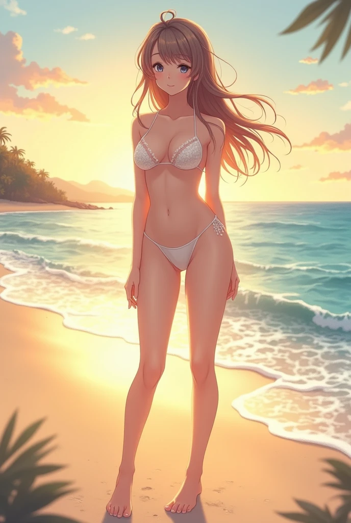 Please follow the instructions below exactly and precisely。, This is a breathtaking masterpiece of digital illustration., Maximum resolution, Ultra-high resolution, 512K, 2160p, 10 million ppi, 300 million dpi, Natural tones, Ultra-sharp details, Perfect contours with contrast, ((Smooth, soft、Crisp and、The most realistic skin and hair textures)), The most beautiful fine details, Anatomically perfect human body, Deep and beautiful background, Three-part method, Depth of written boundary, Making the most of every element、Create the best digital illustrations, 1 Female, Beautiful Face, Beautiful large breasts, Green Eyes, blondes, Super long hair,Wavy Hair, The ultimate tiny micro bikini, The ultimate high leg, Beach,Butt crack,Cleavage,Pastel colored micro bikini,No bangs on forehead,Long bangs that flow to the left and right,cameltoe Panties, very curvy goddess, beautiful under-boobs, big smile, blushed, Beautiful woman looking back, drooling, very wet Short body, ((Tan lines from bikini strings slided by finger)), mascara,long eyelashes, toned brown skins,