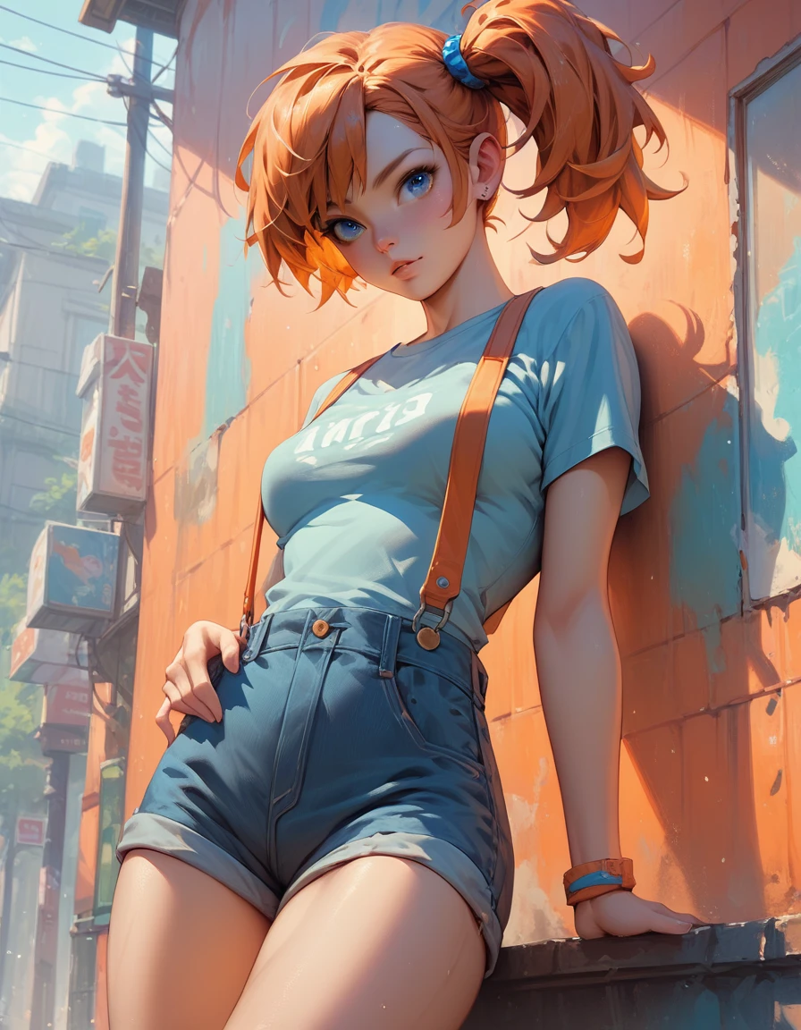 score_9, score_8_up, score_7_up, score_6_up, score_5_up, misty, 1girl, solo, orange hair, shorts, side ponytail, suspenders, blue eyes
