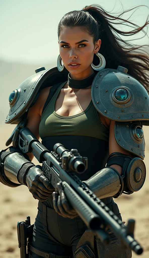 (RAW photo, realistic photo, high quality, masterpiece), sci-fi style, woman with a giant weapon on her both shoulders, giant cannon, sit on giant weapon, fighting stance, jumpsuit with armour