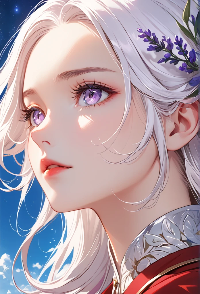 A beautiful white-haired woman with lavender eyes, wearing red clothes, looking up, upper body, detailed hair, white skin, (best quality,8k,highres,masterpiece:1.2),long eyelashes,anime illustration