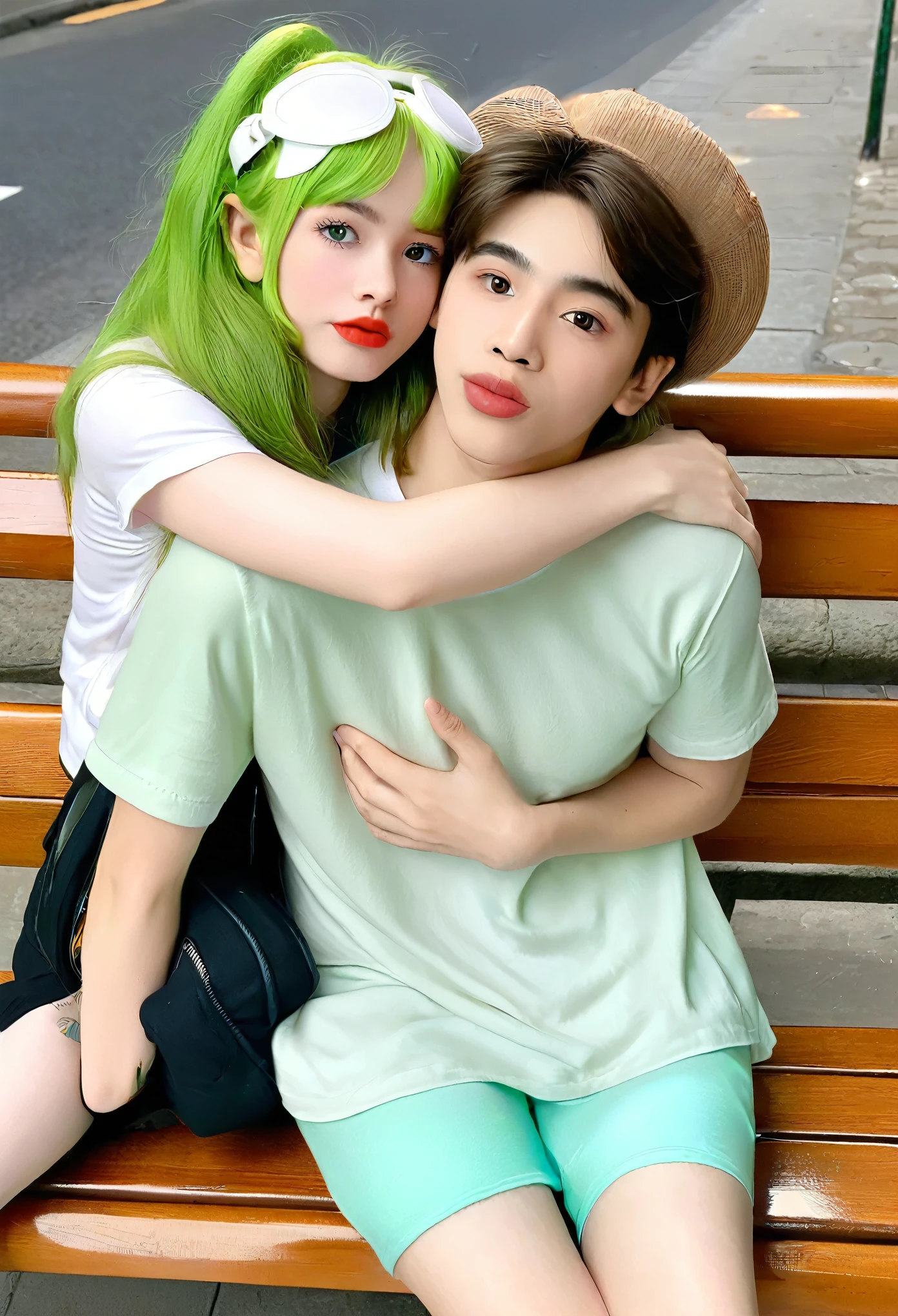 A girl with bkackeye and hair with a boy with pink hair