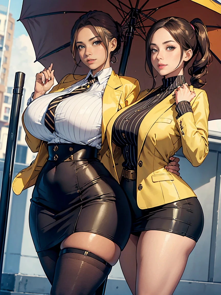 The best quality, lonely mature woman, giant breasts, giant ass, very curvy, brown low ponytail, yellow eyes umbrella, full lips, seductive, smiling, maestro, black button open upwards, ( Posture: holding the chest with both hands), striped blazer, fitted pencil skirt, Stockings with garter belt, thick thighs, curvy physique
