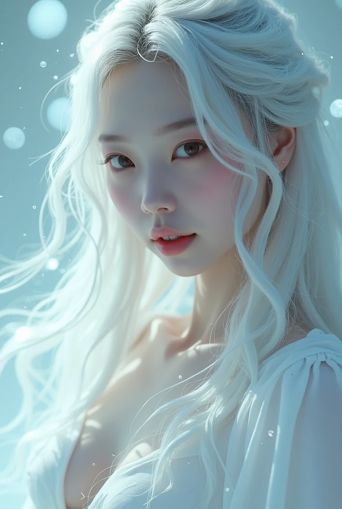 (masterpiece,(Big cleavage),Distinguished Quality,Mirror-like,Cinematic Experience,insanely detailed,absurdres),8k,wallpaper,(Ray Tracing),1 female,korea face,Beautiful Shii girl,(God the Lady of Light is floating in the air:2.0),(front:2.0),(A body made up of white light particles:2.0),break(White Hair:2.0),(White skin:2.0),Portrait of a goddess,(god々Shii:2.0),(fantasy digital art:2.0),(Upper body close-up:2.0),(super sexy:2.0),(Diffuse reflection of light:2.0),break(The background is a beautiful Aurora:2.0),(Beautiful face,Detailed face,The soft, smooth texture of the skin:1.3,Beautiful Hair),(Detailed hands:2.0),(Beautiful hands:2.0