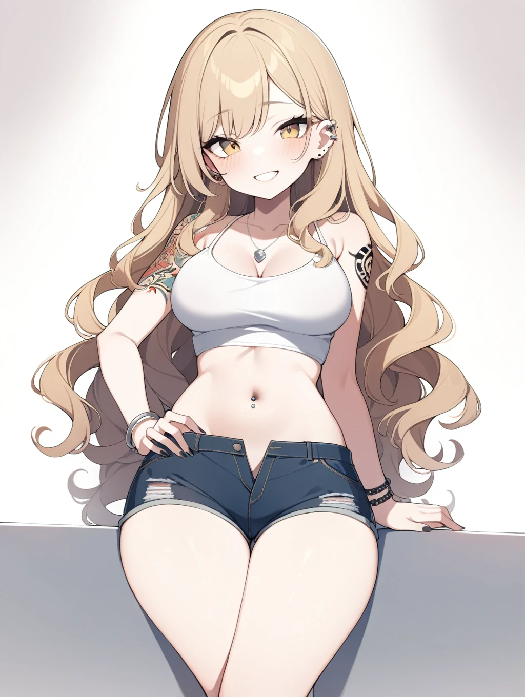 Black and white mesh hair color、Black beret with chain、Wavy long hair、Black tank top、Belly button exposed、Black denim shorts、smile