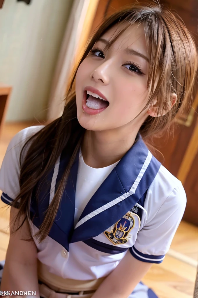 cheerful face,face focus,opening mouth widely,excessive cum in open mouth,penis on mouth,sailor uniform,at home entrance,seductive woman,on floor,pov,look up at viewer,sweaty,disheveled hair,