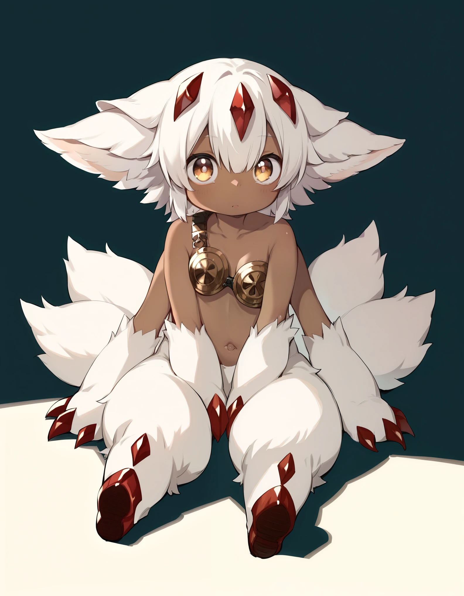 score_9, score_8_up, score_7_up, solo, faputa, red claws, nude, dark-skinned female, white fur, multiple tails, extra_arms, child, metal bra, sitting_on_ground, no_nipples, 