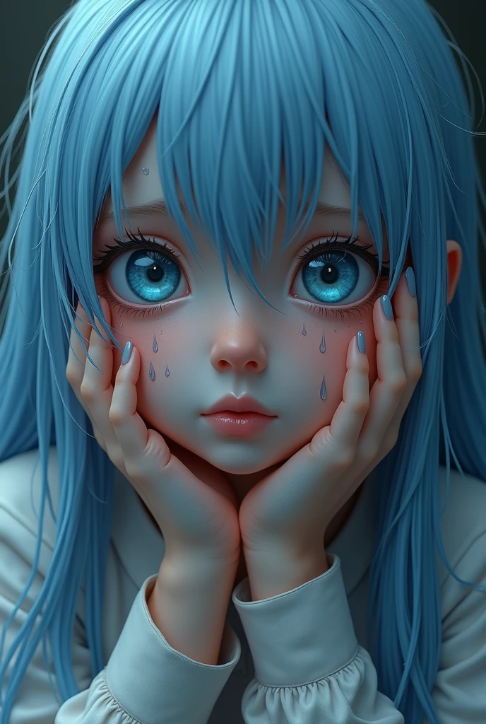 chibi girl,close up,from above,blue hair,sadly face,realistic tears <lora:sadly face-lbw:1>