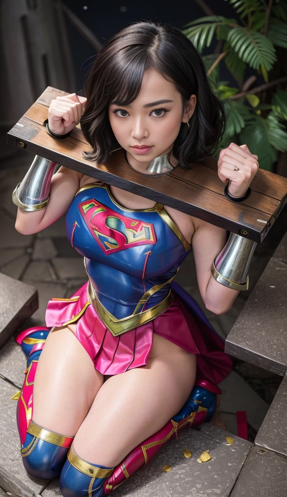 masterpiece,Best Quality, Ultra-high resolution, (Realistic), RAW Photos, Octane Rendering, ((Wearing a Supergirl costume, Being restrained)), ((Pillory:1.5)), ((詳細なPillory)), flail on the head, flail on the hands, flail on the neck, flail, Confused expression:1.2, Mature Woman, (3), Plump face:1.2, sexy, Best Quality, Very detailed, Very accurate, One Woman, ((Wearing a Supergirl suit, Being restrained)), (An elaborate Supergirl suit, Intricate Design), ((Halter neck, Mini Pleated Skirt, Exposed thighs, Long gloves, latex thigh boots, Stiletto heels,Tiara)), ((Shiny Suit)), Black-haired:1.3, Short Bob Hair:1.2, Big eyes:1.3, Droopy eyes:1.2, Solid eye makeup:1.3, Large Breasts:1.1, Fine grain:1.4, Looking at the audience:1.2, whole body, From above, Big full moon, Moonlit Night, Starry Sky, Pink and red complementary colors,