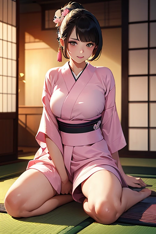 ((Best Quality)), ((masterpiece)), (detailed),Perfect Anatomy 1.5,Natural Light,Steam 1.3,Sweat all over the body,(((Full-body shot of a childlike woman on a tatami mat in a ryokan,Blushing and so cute))),Woman with long, supple black hair,Shiny hair,((Best Quality, 8k, masterpiece: 1.3, )),A well-balanced body is slim,Large Breasts,,Slim waist body line,length, Thin legs，length, Thin hands， detailedな顔, detailedな肌, fine grain, detailedな唇, detailedな舌, detailedな指, Mouth detailed, Beautiful teeth alignment,Realistic,  High resolution, Natural Light, Toned Legs, Double eyelids, Tear bags, Round eyes,Stick your tongue out,Wearing a pink yukata,A woman in a pink yukata is sitting upright..5,detailedな浴衣,Skin exposure is modest1.8,Wearing white panties,No bra is worn,