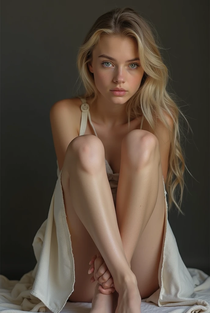 beautiful young blonde with blue eyes, completely naked and very thin, anorexia of a kind, I look sadly into the camera lens. .Very excited. The girl&#39;s body resembles that of a mature woman. lace socks. in the bedroom.  spread your legs