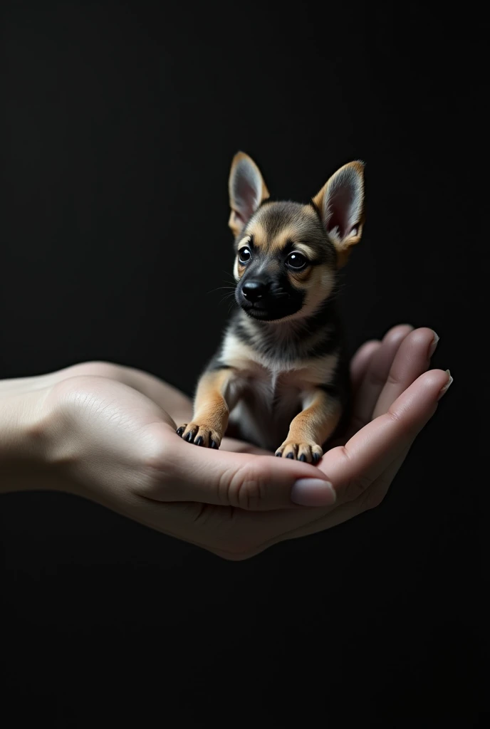 A baby dog sitting on an extended human finge