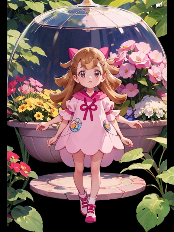 Realistic Skin, , Very short stature，Very thin thighs，Little young girl，Small child:1.3，((Fully transparent:1.3) 透けたflower柄カジュアルドレス)，naked，outside，Park garden in early autumn，flower，
