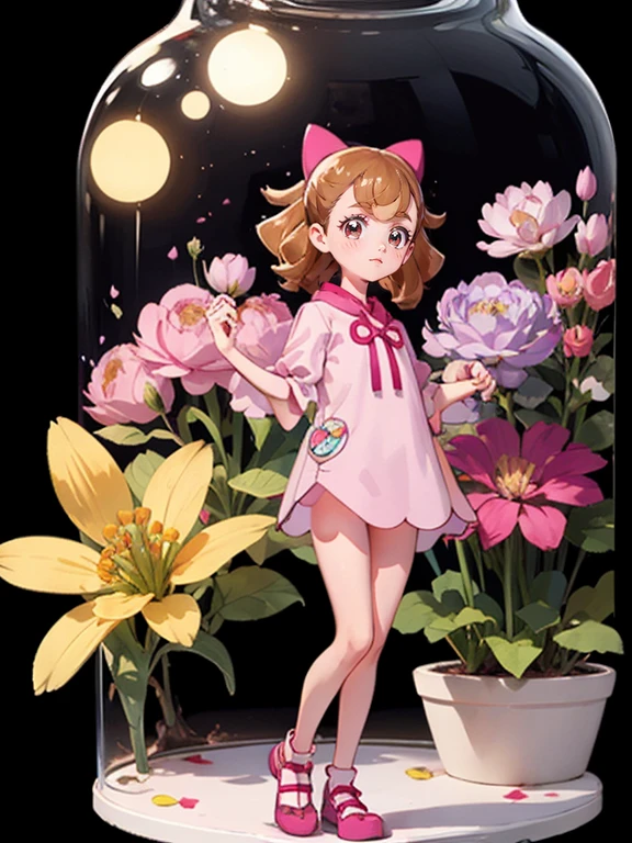 Realistic Skin, , Very short stature，Very thin thighs，Little young girl，Small child:1.3，((Fully transparent:1.3) 透けたflower柄カジュアルドレス)，naked，outside，Park garden in early autumn，flower，
