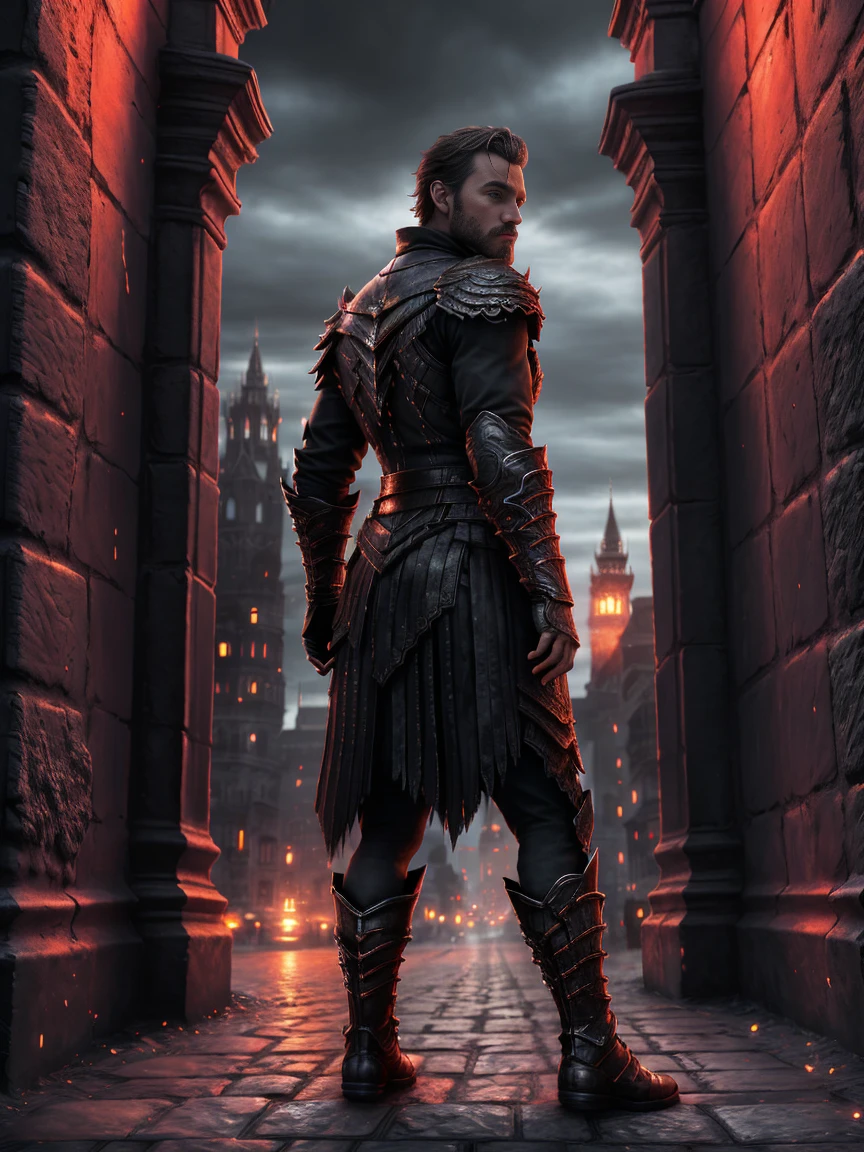 1man, A shot of a charismatic male fitness model, 30 years old，small beard, Sexy and charming expression，gloomy eyes，Blue eyes, captured in gothic city, Bloodborne, emb3r4rmor, wearing a embers spartan armor, dynamic pose Bloodborne, (leaning back against the wall:1.2),worth,(arms crossed:1.2),blindfold,panorama, city streets, night lighting, cinematic and moody, (best quality,4k,8k,highres,masterpiece:1.2),ultra-detailed,(realistic,photorealistic,photo-realistic:1.37),HDR,studio lighting,professional,vivid colors,dramatic lighting