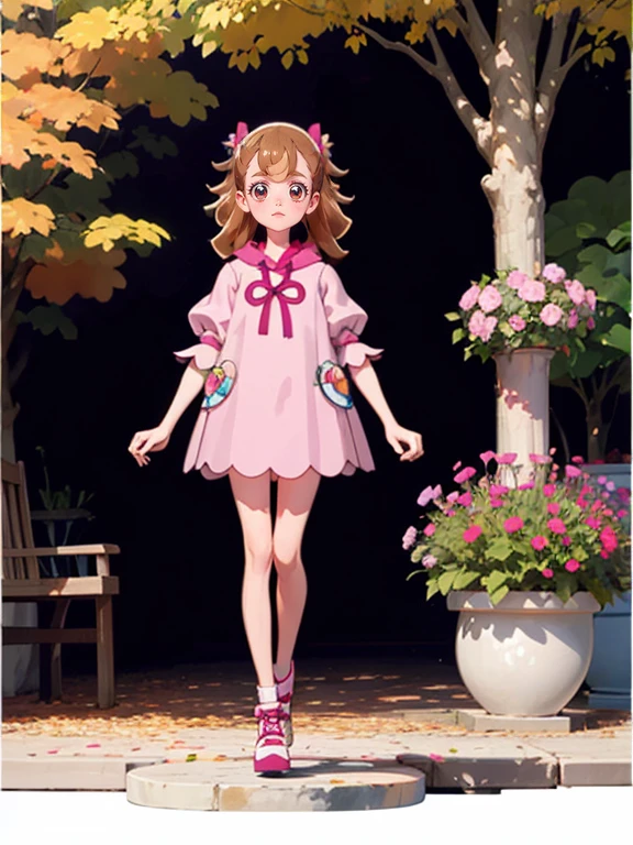 Realistic Skin, , Very short stature，Very thin thighs，Little young girl，Small child:1.3，((Fully transparent:1.3) 透けたflower柄カジュアルドレス)，naked，outside，Park garden in early autumn，flower，