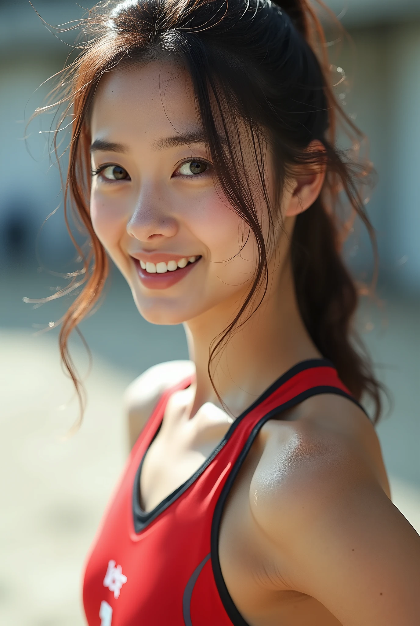 Highest Resolution, 4K, masterpiece: 1.3), Japanese Mature, A photo of a woman, sexy, Beautiful Eyes, Slim figure, Realistic teeth, double eyelid, whole body, highest quality, detailed, At the gym, training, Sweat, Wet, Muscle Abs,((Plump))