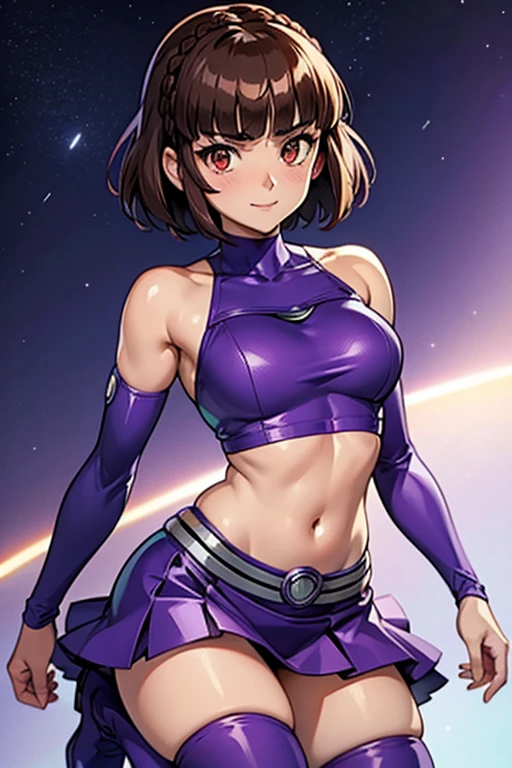 makoto_niijima, (short brown hair, blunt bangs, crownbraid), (red_eyes), wearing a starfire costume from teen titans, (purple outfit with silver details, purple top, midriff, purple skirt, purple boots, teen titans, starfire outfit), cute pose, blushing, gentle smile, beautiful, high resolution, beautiful, female, 8k