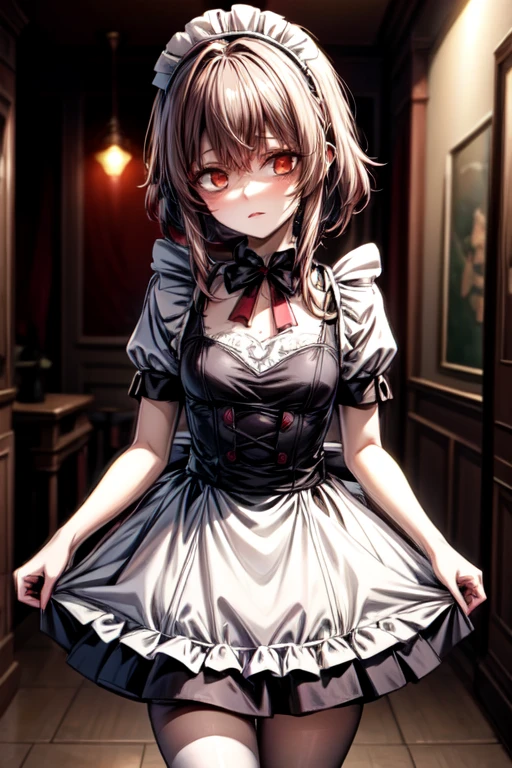 {Yandere maid}, short colorful hair, cute maid outfit, petite and cute like a small animal, soft smile, welcoming her favorite customer, trying to act normal, {obsessive love}, wide eyes, staring at him intensely, {he is the only one that matters}, soft café lighting, warm atmosphere, {hidden madness}, perfect anatomy, anime style, cute face but with a hint of obsession, depth of field, focus on her expression, blurred background
