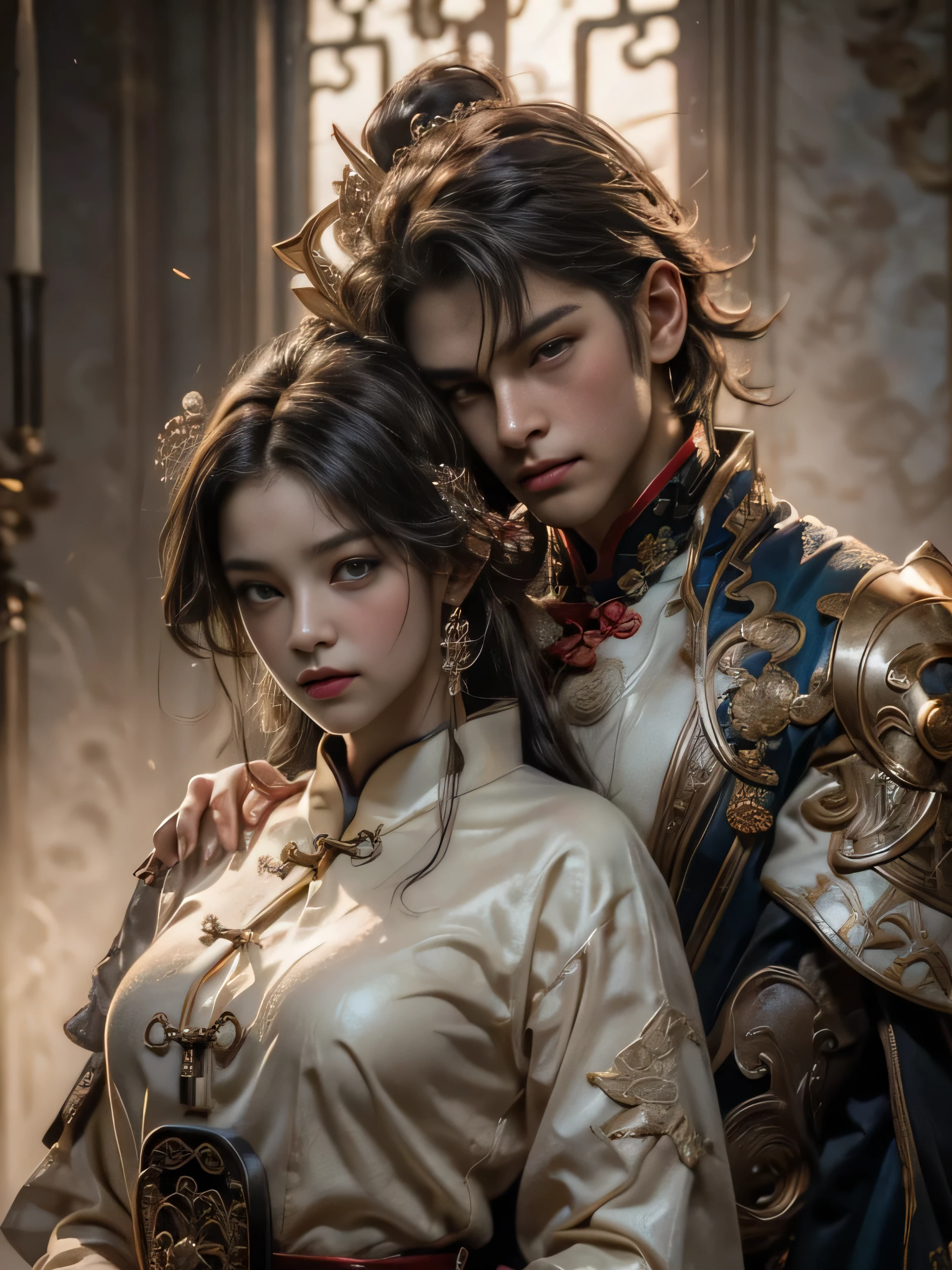 (Best Quality, Super Detail, Masterpiece, Representative Work, Official Art, Professional, Super High Detail, 8k:1.3), (photorealism:1.2), (Couple, Beautiful Girl and Boy), Looking at each other, Smiling and Wearing White Clothes, Delicate Hair, Ancient Chinese Beauty and Handsome Man, Wearing Ancient Chinese Clothes, Flowing Tulle, Light Silk, (Clear Background), Create a movie poster similar to those used in Chinese romantic fantasy dramas, Girl and Boy Looking at Each Other, Photorealistic, Shining eyes, Sharp focus, Sweet and mischievous look, Hint of mischief, Dreamy atmosphere, Delicate details, soft volumetric light, (backlight:1.3), (cinematic:1.2), intricate details, (ArtStation:1.3)