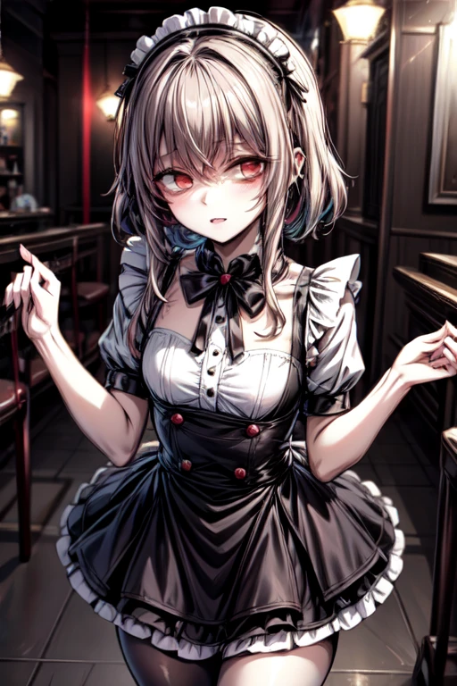 {Yandere maid}, short colorful hair, cute maid outfit, petite and cute like a small animal, soft smile, welcoming her favorite customer, trying to act normal, {obsessive love}, wide eyes, staring at him intensely, {he is the only one that matters}, soft café lighting, warm atmosphere, {hidden madness}, perfect anatomy, anime style, cute face but with a hint of obsession, depth of field, focus on her expression, blurred background
