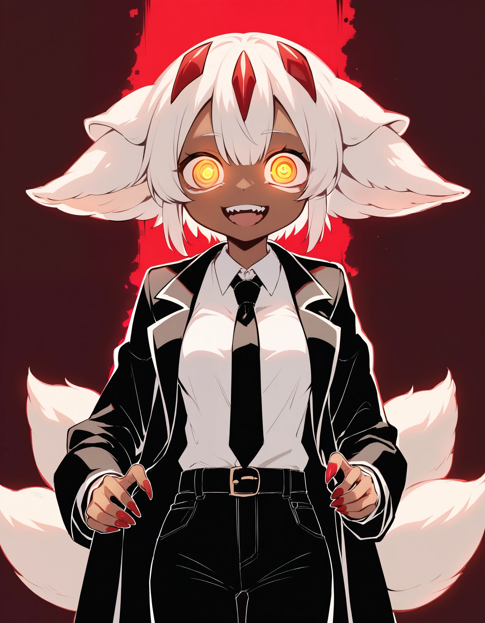 score_9, score_8_up, score_7_up, Faputa, 1girl, dark skin, dark-skinned girl, white hair, short hair, 4arms, red claws, multiple tails, yellow eyes, yawning, white fur, animal ears, smug, medium breasts, black coat, long coat, open coat, white shirt, black necktie, black pants, belt, dark background, creepy, horror \(theme\), grain, red background, smile, looking at viewer, ((ringed eyes)), glowing eyes, dark theme, low light,, 