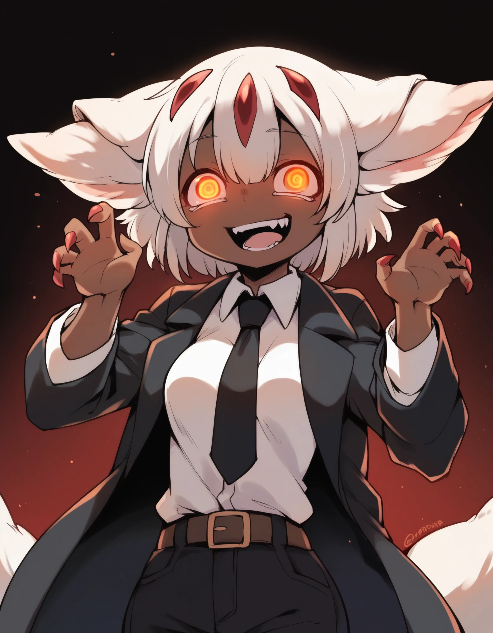 Faputa, 1girl, dark skin, dark-skinned girl, white hair, short hair, 4arms, red claws, multiple tails, yellow eyes, yawning, white fur, animal ears, smug, medium breasts, black coat, long coat, open coat, white shirt, black necktie, black pants, belt, dark background, creepy, horror \(theme\), grain, red background, smile, looking at viewer, ((ringed eyes)), glowing eyes, dark theme, low light,, 