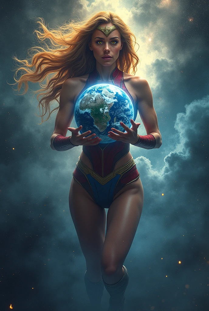 (((Towering over you))), giant woman in provocative crop top, blonde hair, smirking, standing on a planet in space with her full body in view, furrowed brow, smirk
