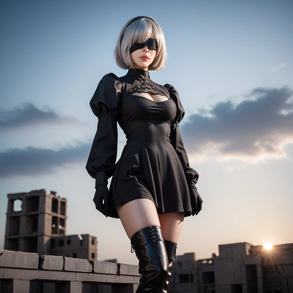 score_9, score_8_up, score_7_up, 32k,masterpiece, highest quality, 
photo realistic, super detail, vibrant colors, chiaroscuro lighting, cinematic lighting,
1 woman inspired nier automata 2B,
bob cut, silver hair, mole under mouth, black hairband, black blindfold, covered eyes,
black dress, long sleeves,  Juliet sleeves, cleavage cutout, black gloves, puffy sleeves, black thigh-high under boots,
ruins by the sea, destroyed industrial complex, dark cloudy sky,
seductive pose, dramatic angle,