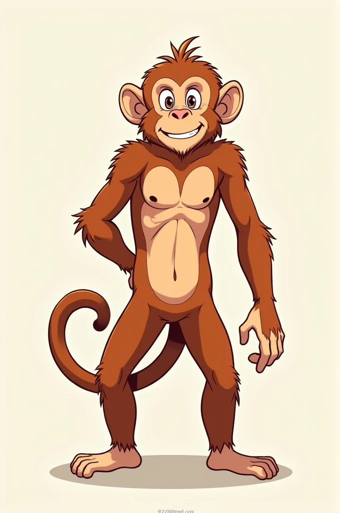 A cute, Pixar-style illustration of a muscular monkey hanging from a pull-up bar with both hands. The monkey has an exaggeratedly strong upper body with well-defined muscles in its arms, chest, and shoulders, as well as muscular legs. It hangs with ease, showing off its strength, with a playful and confident expression on its face. The monkey's fur is smooth and brown, with a slight sheen, and its large, expressive eyes and cheeky grin give it a charming and approachable appearance. The background is simple, allowing the focus to remain on the monkey and its impressive physique."