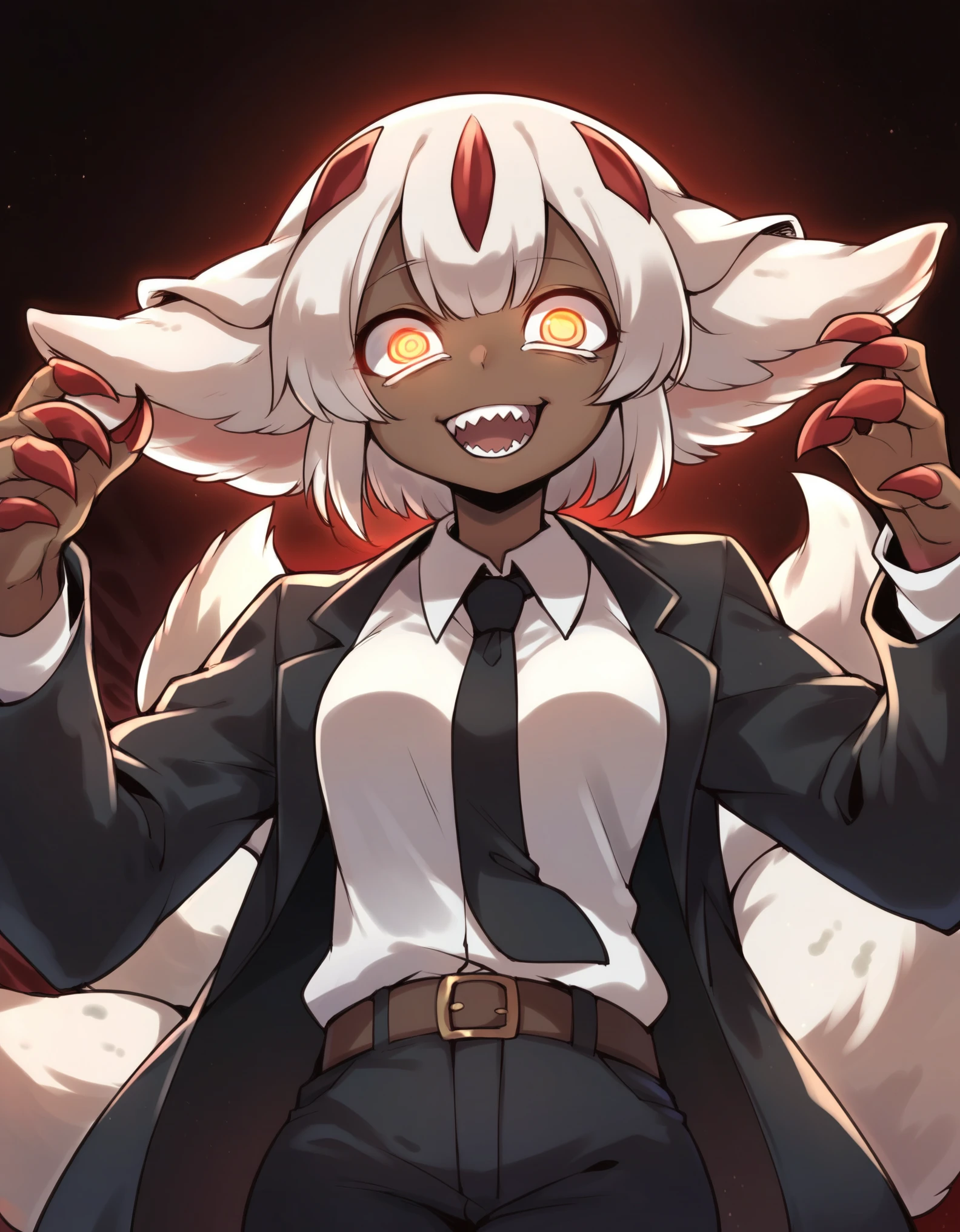 score_9, score_8_up, score_7_up, Faputa, 1girl, dark skin, dark-skinned girl, white hair, short hair, 4arms, red claws, multiple tails, yellow eyes, yawning, white fur, animal ears, smug, medium breasts, black coat, long coat, open coat, white shirt, black necktie, black pants, belt, dark background, creepy, horror \(theme\), grain, red background, smile, looking at viewer, ((ringed eyes)), glowing eyes, dark theme, low light,,