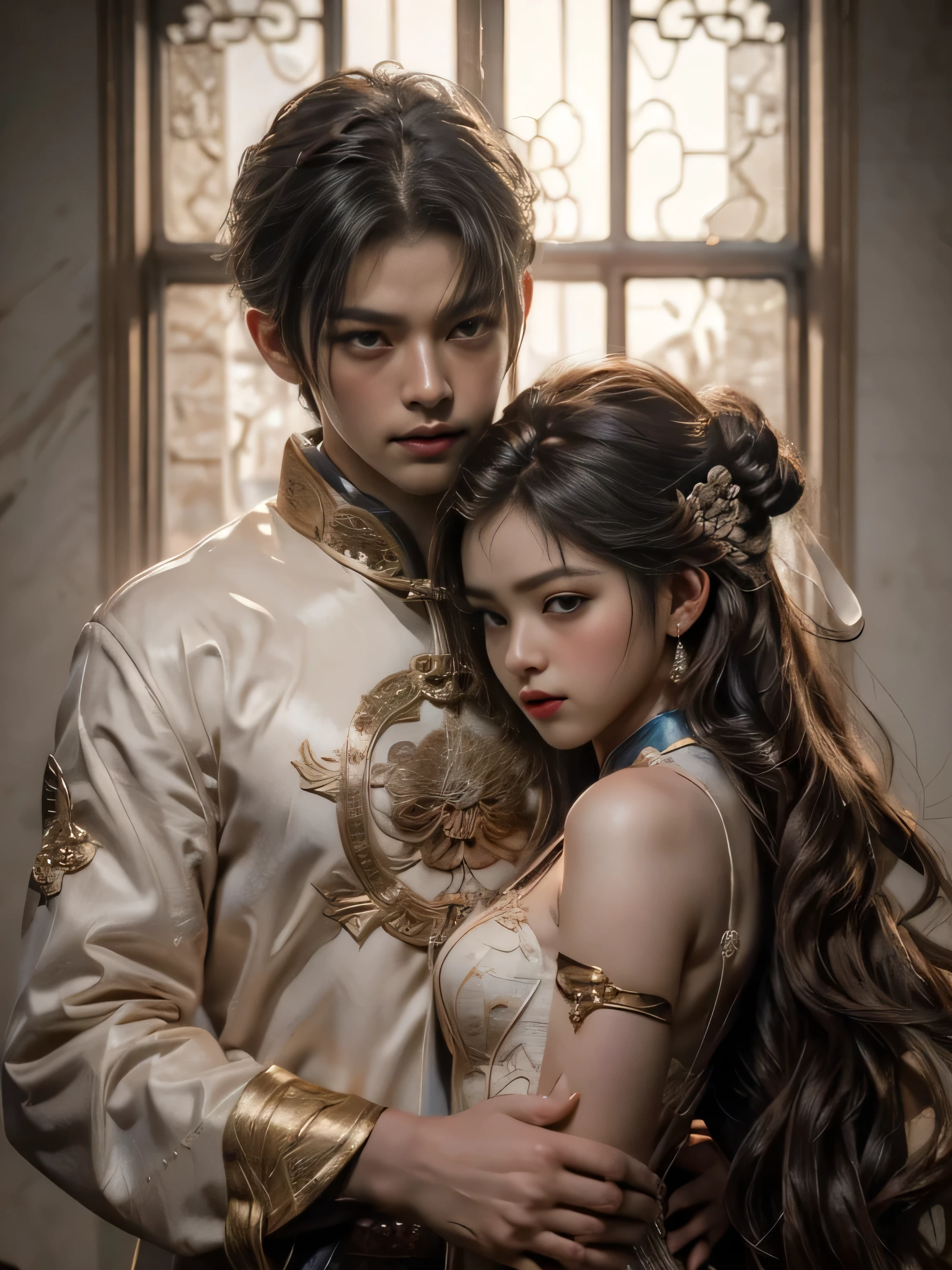 (Best Quality, Super Detail, Masterpiece, Representative Work, Official Art, Professional, Super Fine Detail, 8k:1.3), (photorealism:1.2), (Couple, Beautiful Girl and Boy), Looking at Each Other, Smiling and Wearing White Clothes, Delicate Hair, Ancient Chinese Beauty and Handsome Man, Wearing Ancient Chinese Clothes, Flowing Tulle, Light Silk, (Clear Background), Create a movie poster similar to those used in Chinese romantic fantasy dramas, Girl and Boy Looking at Each Other, Photorealistic, Sharp Focus, Dreamy Atmosphere, Delicate Details, Soft Volumetric Light, (Backlight:1.3), (Cinematic:1.2), Intricate Details, (ArtStation:1.3)