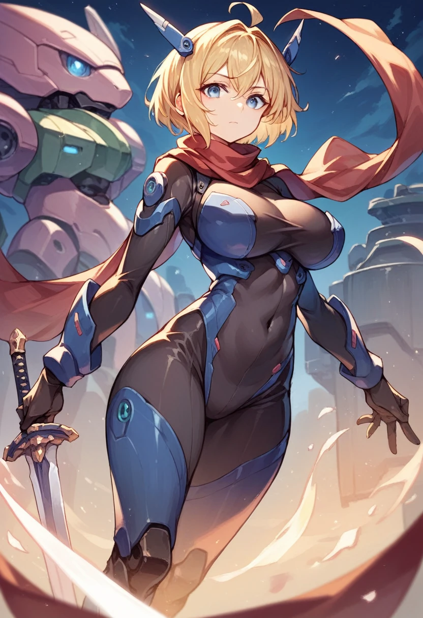 masterpiece, best quality, <lora:rahab-nvwls-v1-000009:0.9> rahab, (hair over eyes:1.5), black bodysuit, armor, armored legwear, gloves, belt, pouch, huge breasts, upper body, looking at viewer, desert, rock formations, smile, arms at sides, curvy, covered eyes