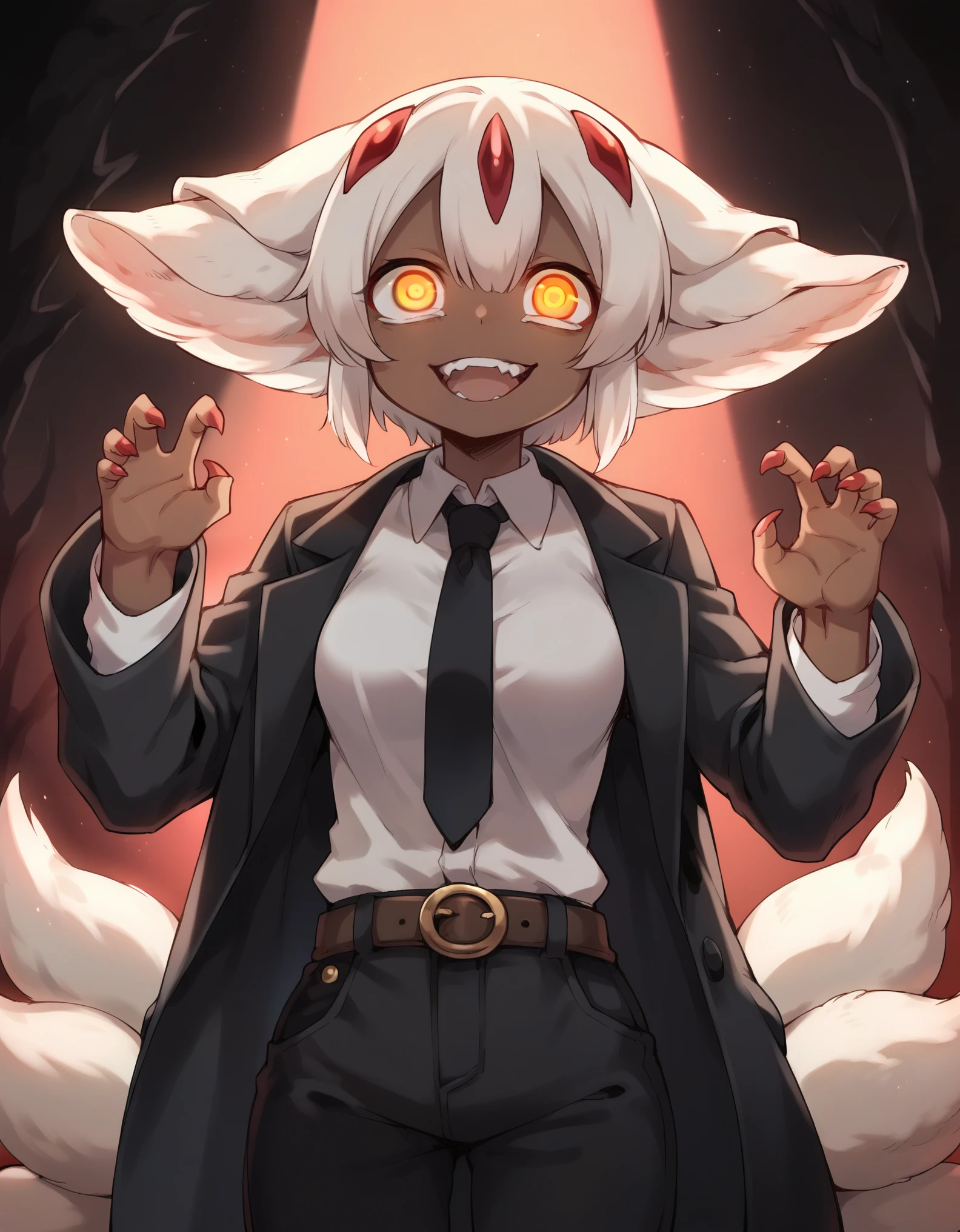 score_9, score_8_up, score_7_up, Faputa, 1girl, dark skin, dark-skinned girl, white hair, short hair, 4arms, red claws, multiple tails, yellow eyes, yawning, white fur, animal ears, smug, medium breasts, black coat, long coat, open coat, white shirt, black necktie, black pants, belt, dark background, creepy, horror \(theme\), grain, red background, smile, looking at viewer, ((ringed eyes)), glowing eyes, dark theme, low light,,