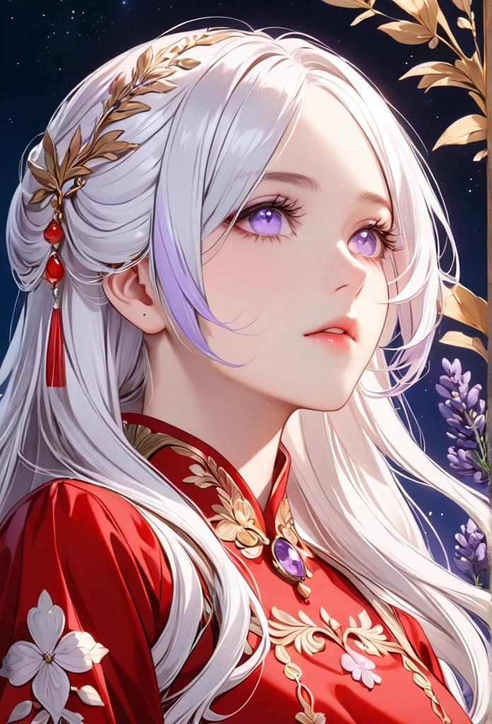 A beautiful white-haired woman with lavender eyes, wearing red clothes, looking up, upper body, detailed hair, white skin, (best quality,8k,highres,masterpiece:1.2),long eyelashes,anime illustration