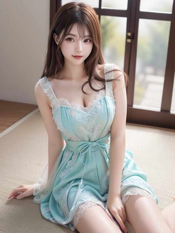 Photo-realistic quality、20-year-old Japanese idol sits on the floor in a light green see-through dress、Elegant Dresses、Beautiful Japanese Model、Romantic Dress、Cute woman、Looking at the camera、Detailed and beautiful eyes、Cute smile、A soft and gentle look、Natural smile