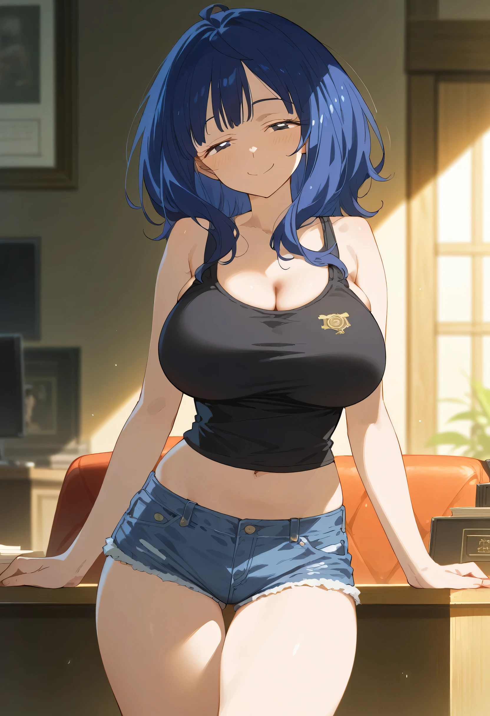 ((Highest quality)), ((masterpiece)), (detailed), One girl, Anna Yanami, blue hair, huge breasts,  black mini tank top,denim shorts,game cg,アニメ,crotch,smile,half closed eyes, seductive pose,curvy,game cg,アニメ,detailed skin
