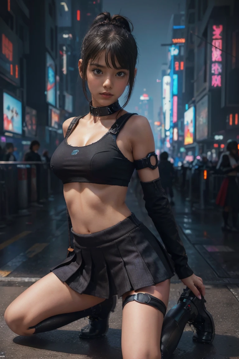 ((masterpiece, Best Quality, Best image quality, High resolution, Realistic, RAW Photo 8k))、((SF、Cyberpunk cityscape:1.2))、(European Girls)、Thin Nose、Beautiful Face, 1 female、beautiful girl、(:1.5)、(Bright dark blue eyes、Sharp Eye:1.2)、(beautiful girl:1.2)、(Black Hair、Undercut Hair、bun:1.2)、((cyberpunk Sexy School Uniform:1.2))、(Looking into the camera:1.3)、(Composition on knees:1.2)、((underboob:1.2))