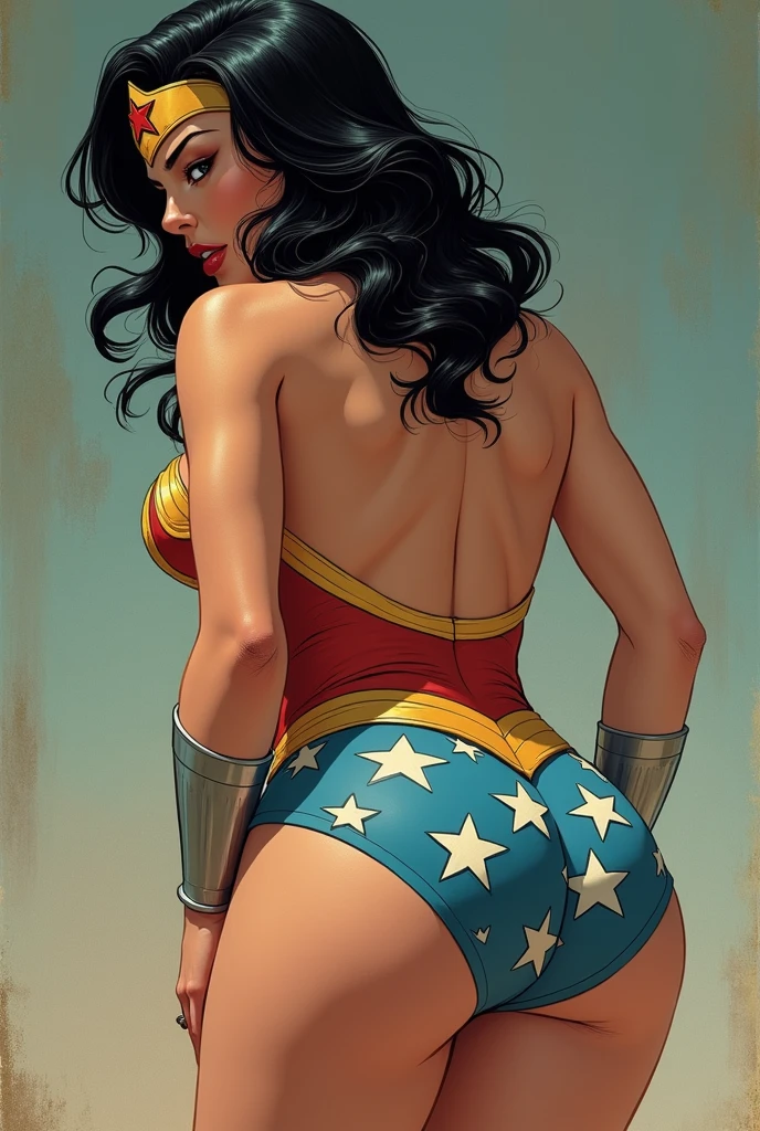 wonder woman from behind with a tattoo on her ass that says Carlos 