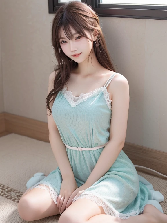 Photo-realistic quality、20-year-old Japanese idol sits on the floor in a light green see-through dress、Elegant Dresses、Beautiful Japanese Model、Romantic Dress、Cute woman、Looking at the camera、Detailed and beautiful eyes、Cute smile、A soft and gentle look、Natural smile