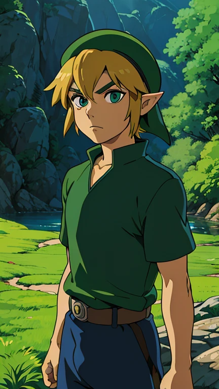 (1boy, solo, toon link), (extremely detailed CG unit 8k wallpaper),(master part), (best quality), (ultra detail), (best illustration),(ghibli style), cowboy shot, (Sharp eyeliner, ombre, detailed eyes:1), oasis, outdoors background, ,break,  (GHIBLI_Background), upper body, green headwear