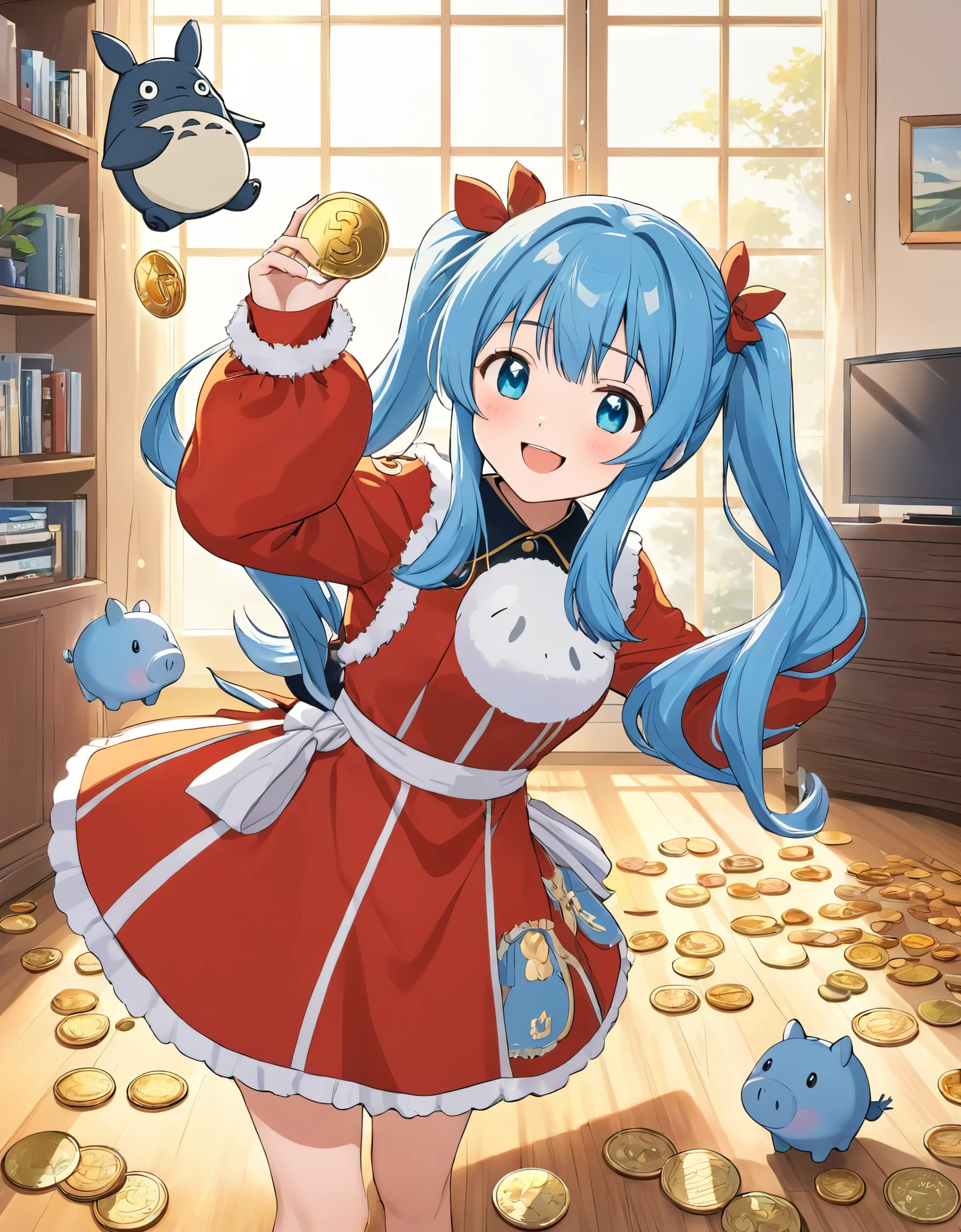 Anime girl holding a big Totoro piggy bank with coins, Light blue long hair、Cute girl with twin tails, Cute Costumes、Bright, sunny living room、Coin shower、Bright smile、Coins flying in the air