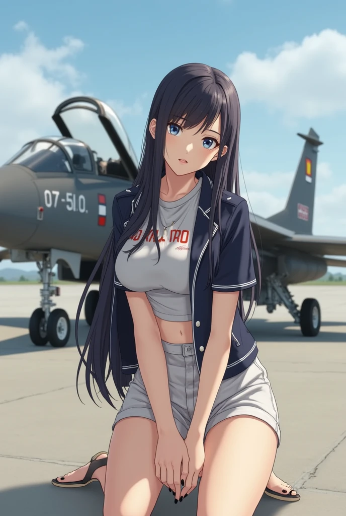 (art by akino ell), overcoat, gym shorts, plane, sitting on person,