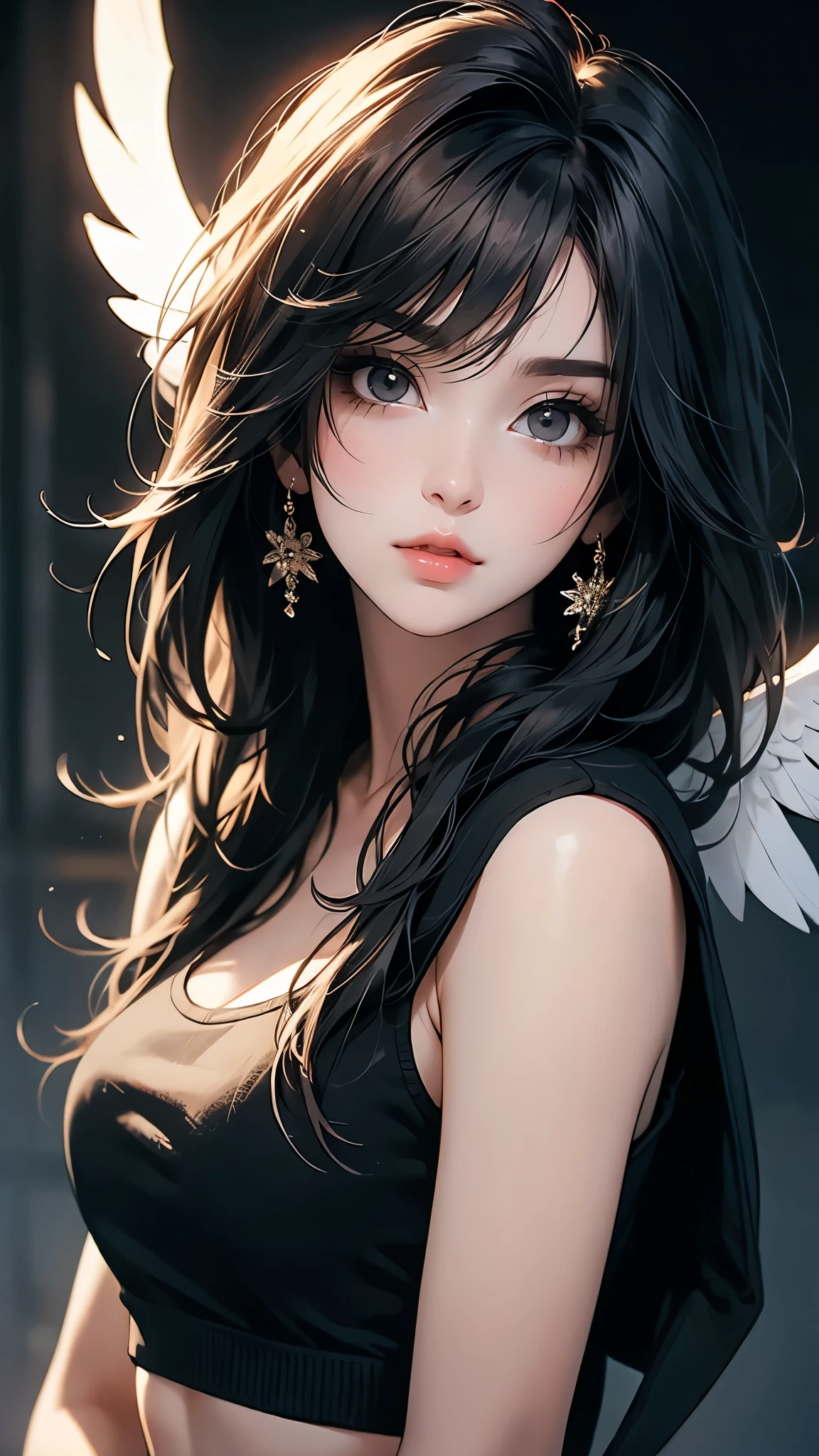 ((Masterpiece)), envision a 8k, highres, cinematic, extremely beautiful semi realistic close up portrait of a beautiful angel girl with a slender body, big breasts, strong face, older mature face, brown scene hair, side locks, long sweeping bangs, black eyes, soft lips, lip gloss, ((ahoge)), thick eyebrowns, round face, tank top, bomber jacket, bat wings , ((((1girl)))), in dark lighting, against a dark gray background